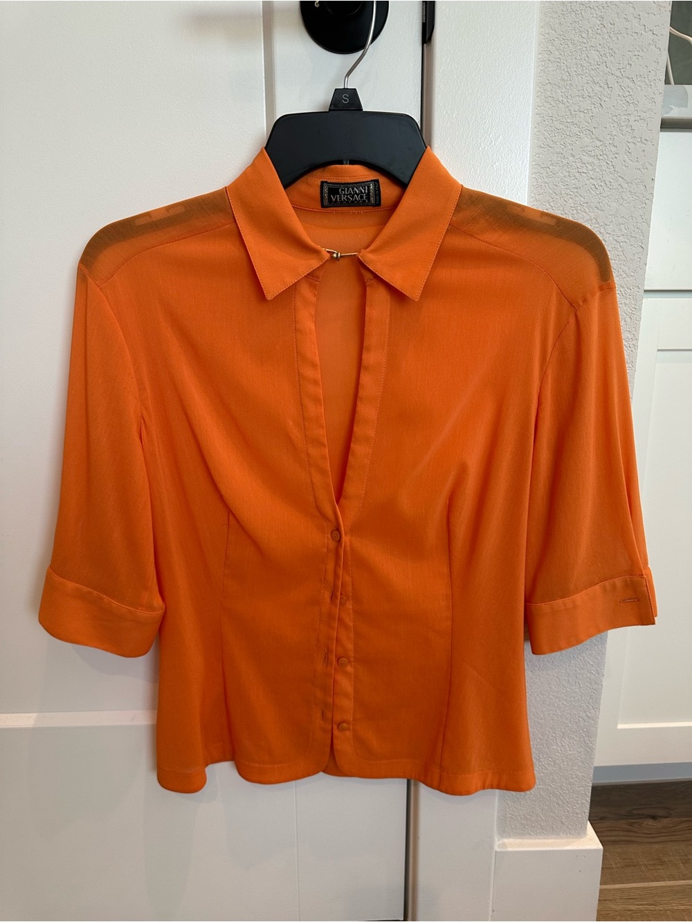 Gianni Versace Bright Orange Short Sleeve Button-Down Blouse